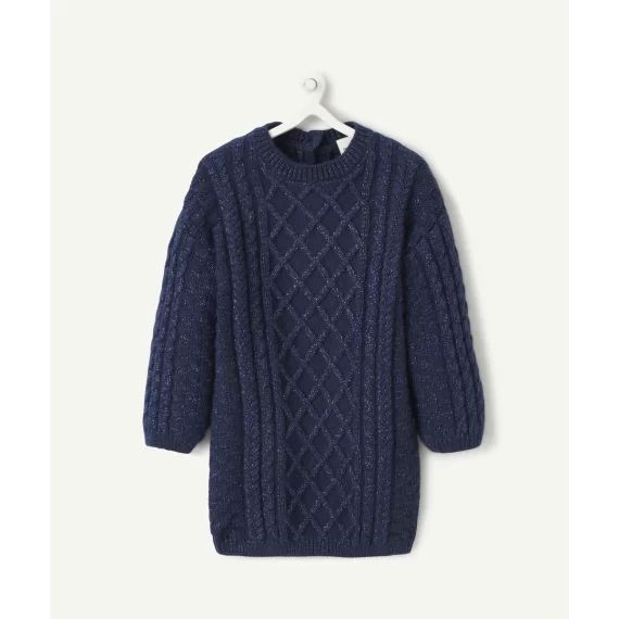 Robe en maille fille avec jeux de torsades bleu marine
