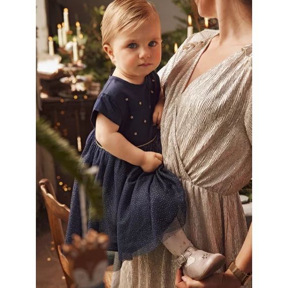 Robe de fête bébé en satin et tulle irisé bleu nuit