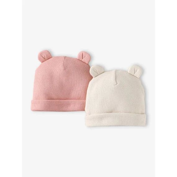 Lot de 2 bonnets naissance en coton rose poudré