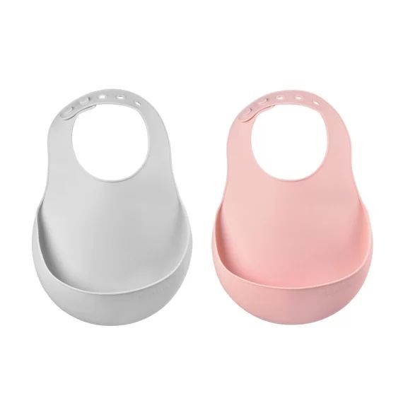 Lot de 2 bavoirs silicone réglable avec récupérateur gris/rose Beaba