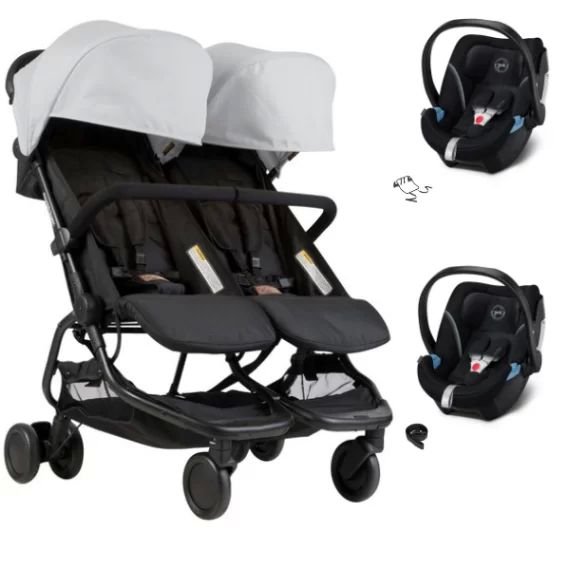Poussette Double Mountain Buggy Nano Duo – Silver + 2 Coques Auto Cybex Aton 5 – Deep Black