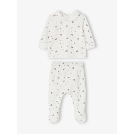Pyjama à fleurs en velours bébé 2 pièces écru