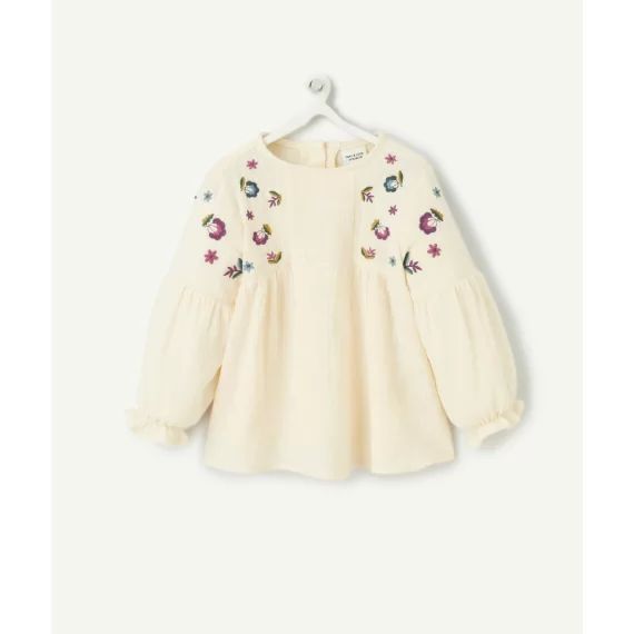 Chemise manches longues bébé fille écrue avec broderies fleuries