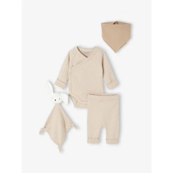 Ensemble naissance évolutif 4 pièces body + legging + bavoir + doudou écru