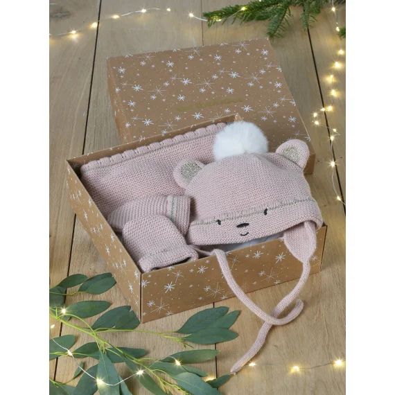 Coffret Noël bébé fille bonnet + snood + moufles rose poudré