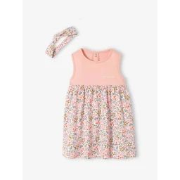 Robe et bandeau assorti bébé fille rose poudré