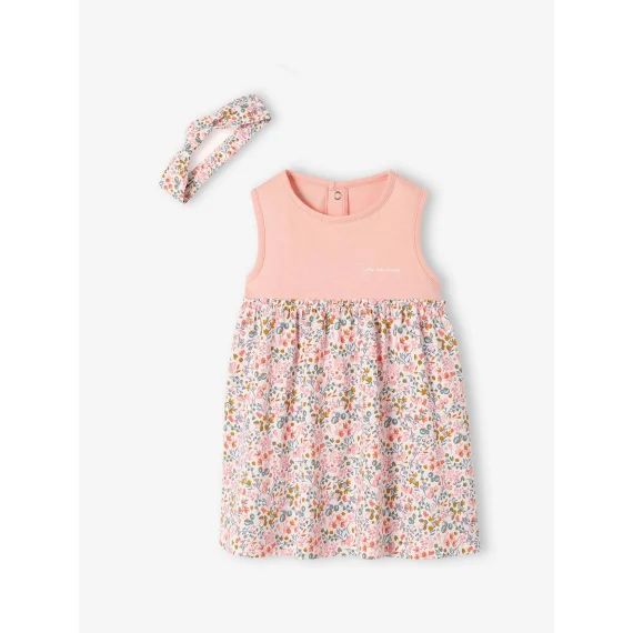 Robe et bandeau assorti bébé fille rose poudré