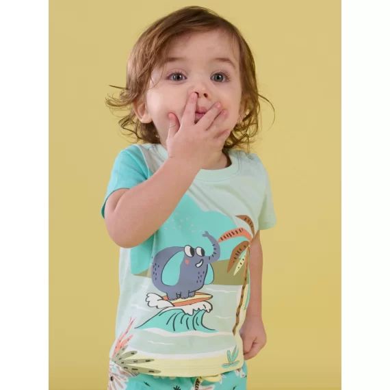 T-shirt Vert D&rsquo;eau À Motifs Éléphant Surfeur Et Plage – Turquoise