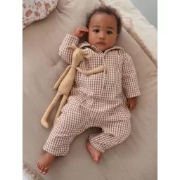 Combinaison en gaze de coton bébé doublée carreaux marron