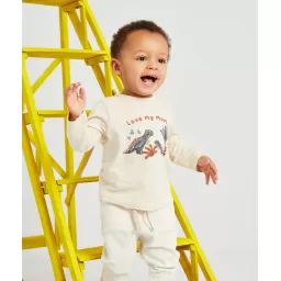T-shirt bébé garçon en fibres recyclées beige avec dinosaures –  – Soldes