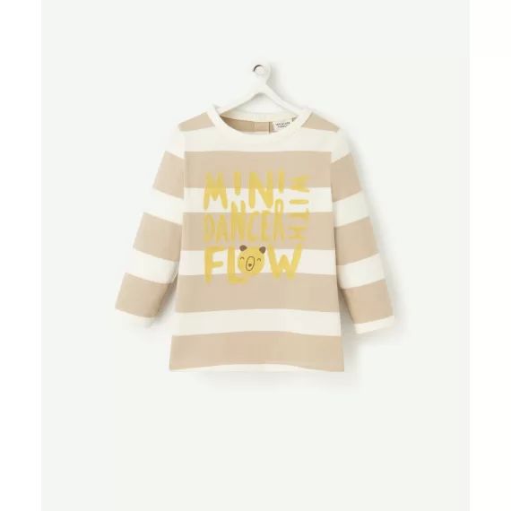 T-shirt bébé garçon en coton bio avec messages et imprimé rayé beige