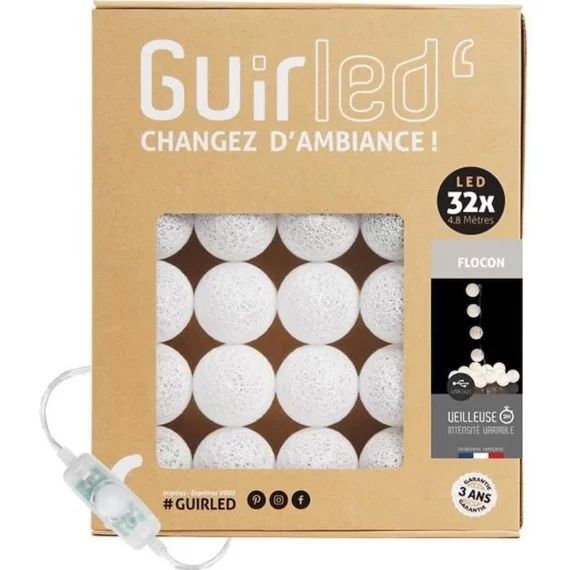 Guirlande lumineuse boules coton LED USB – Veilleuse bébé 2h –  3 intensités – 32 boules 3,2m – Flocon blanc