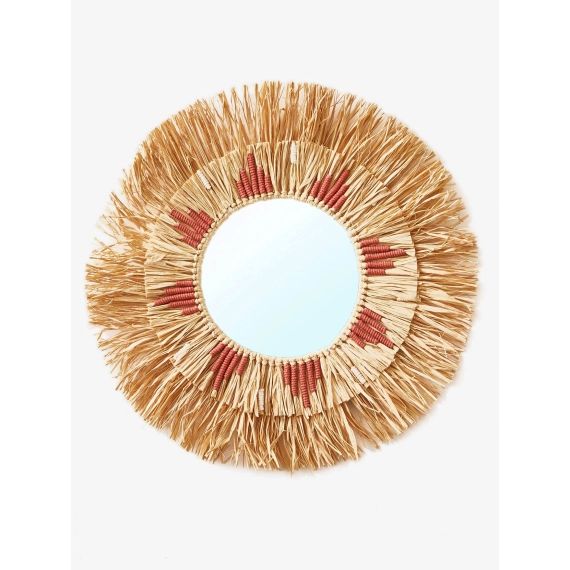 Miroir rond raphia beige / rose
