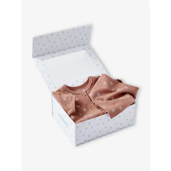 Coffret naissance combinaison et bavoir nid d&rsquo;abeille noisette