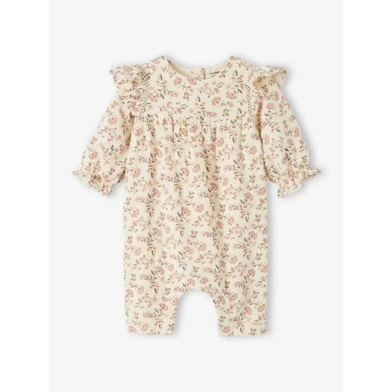 Combinaison volantée en gaze de coton bébé doublée écru