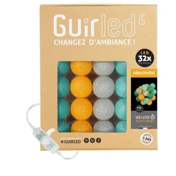 Guirlande lumineuse boules coton LED USB – Veilleuse bébé 2h – 3 intensités – 32 boules 3,2m – Hémisphère vert