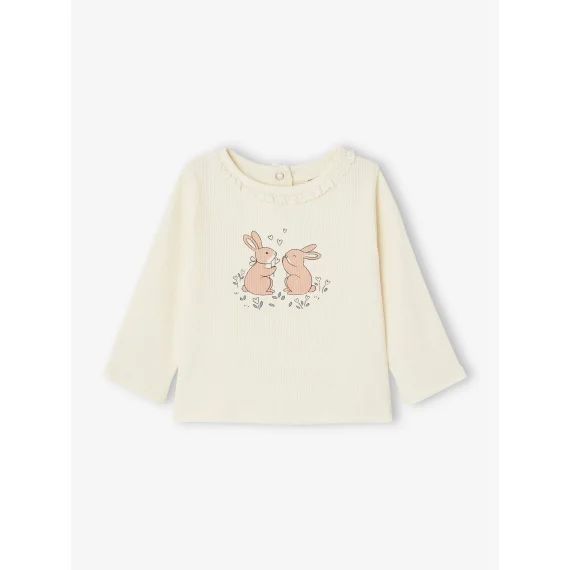 T-shirt lapins en côtes col fantaisie naissance écru