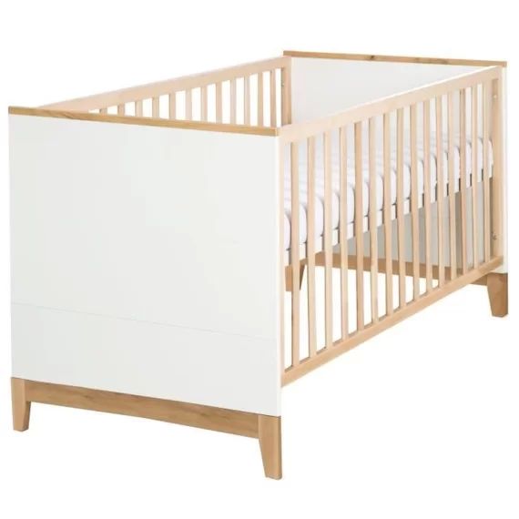 ROBA Lit Bébé Évolutif Finn 70×140 cm – Réglable en Hauteur – 3 Barreaux Amovibles – Blanc-Naturel blanc