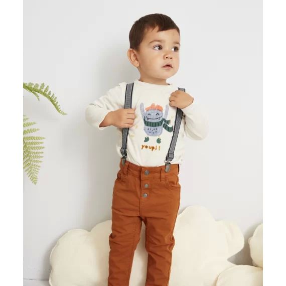 T-shirt bébé garçon en coton beige avec dessin floqué et message –  – Soldes