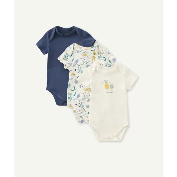 Lot de 3 bodies bébé en coton bio imprimé coloré et uni