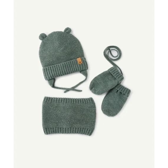 Set tricot bébé garçon en fibres recyclées vert avec bonnet moufles et snood
