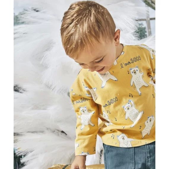 T-shirt manches longues bébé garçon en coton biologique jaune thème ourson
