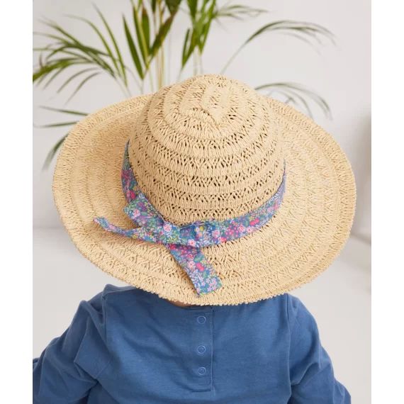 Le chapeau de paille avec bande de tissu bleu fleuri –  – Soldes