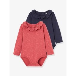 Lot de 2 bodies bébé col fantaisie manches longues rose imprimé – marine