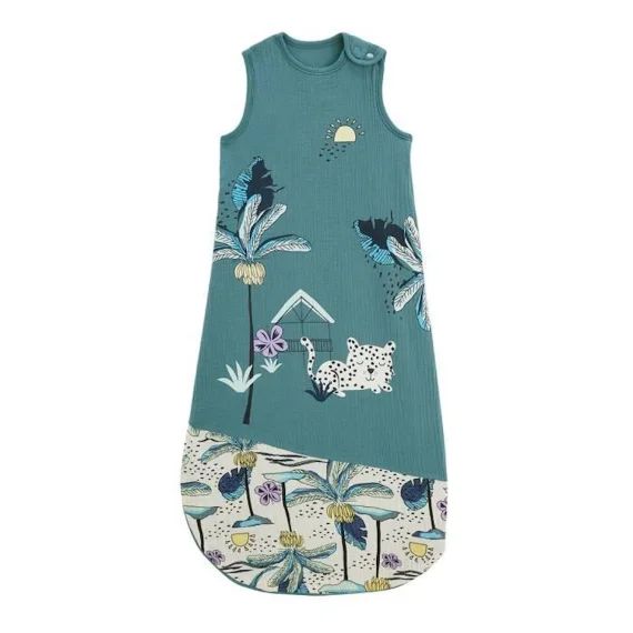 Gigoteuse d&rsquo;été en gaze de coton – PETIT BEGUIN – Makao – Bleu – Léopard – Palmiers bleu
