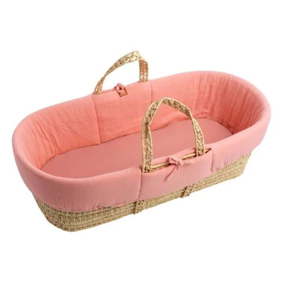Couffin Bébé En Fibres Naturelles Avec Habillage Tissu Rose