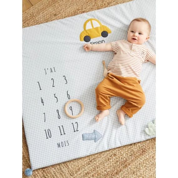 Tapis photo bébé personnalisable en gaze de coton EN VOITURE SIMON ! bleu