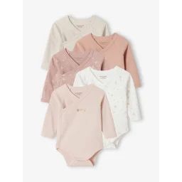Lot 5 bodies coeur manches longues ouverture naissance bébé en coton bio rose pâle