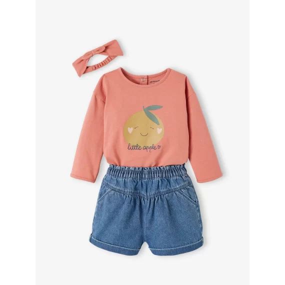Ensemble bébé T-shirt + bandeau + short rose