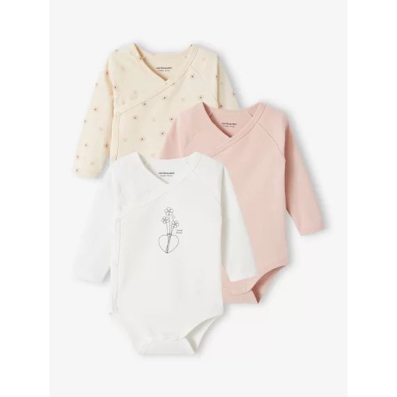 Lot de 3 bodies bouquets bébé manches longues ouverture naissance rose poudré