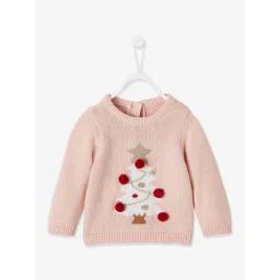 Pull de Noël bébé sapin et pompons rose pâle
