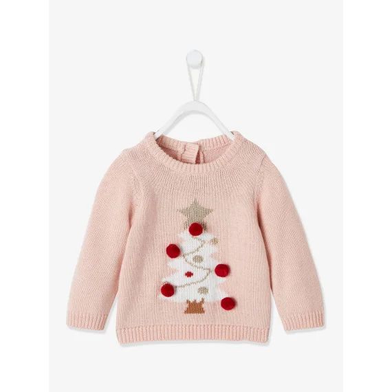 Pull de Noël bébé sapin et pompons rose pâle