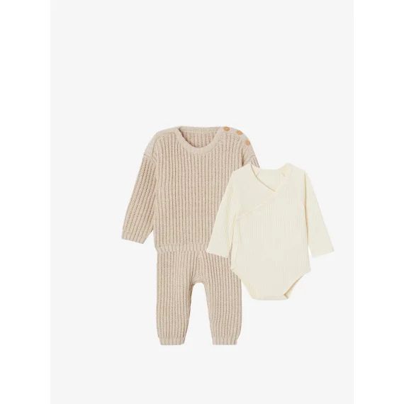 Ensemble 3 pièces mixte bébé naissance beige chiné