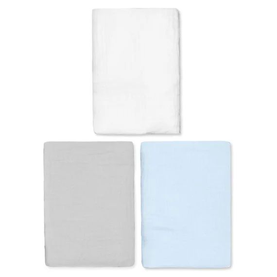 Lot De 3 Draps Housses Couffin En Gaze De Coton Uni Bleu, Gris, Blanc
