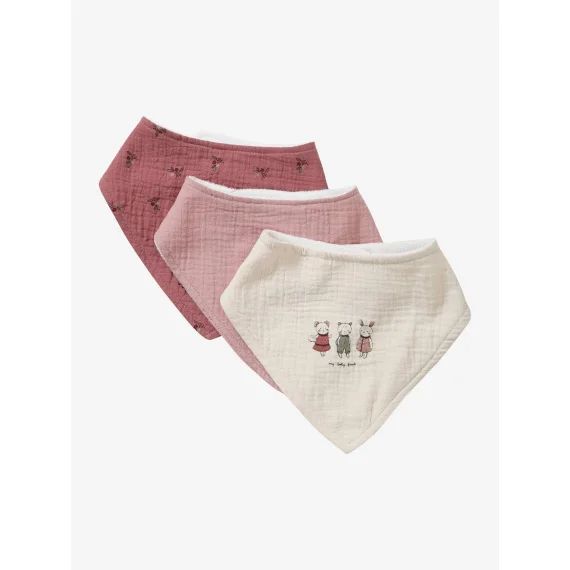 Lot de 3 bavoirs bandanas en gaze de coton / éponge rose grenier