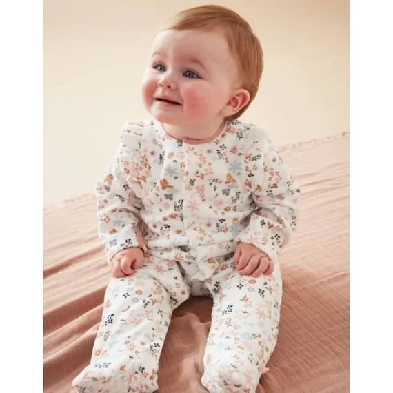 Pyjama 1 pièces en velours imprimé fleuri blanc