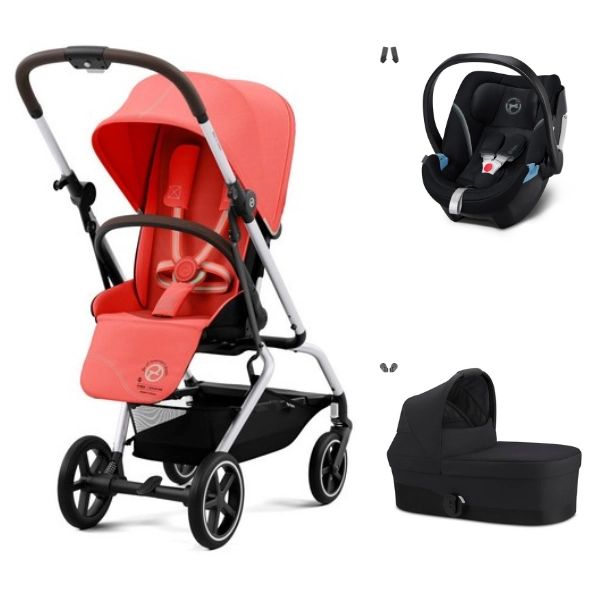 Poussette Cybex Eezy S Twist PLUS 2 – Châssis Silver/ Siège Hibiscus Red + Nacelle S – Moon Black + Coque Auto Aton 5 – Deep Black