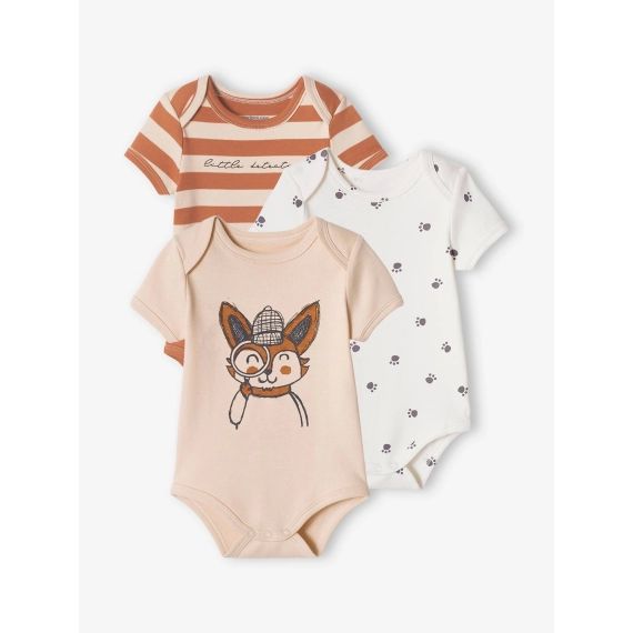Lot de 3 bodies renard bébé manches courtes beige poudré