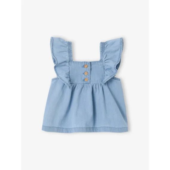Blouse manches courtes volantées bébé en denim léger denim bleached