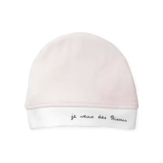 Bonnet bébé en velours rose Je veux des bisous (0-1 mois)