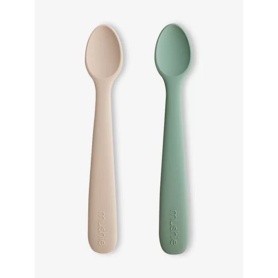 Lot de 2 cuillères 1er âge MUSHIE en silicone beige + vert