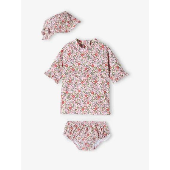 Ensemble de bain anti-UV T-shirt + culotte + bob bébé fille rose