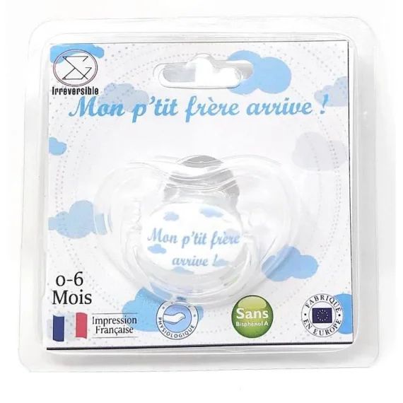 Sucette d&rsquo;annonce physiologique 0-6 mois – Mon p’tit frère arrive – pour annoncer votre grossesse de façon originale blanc