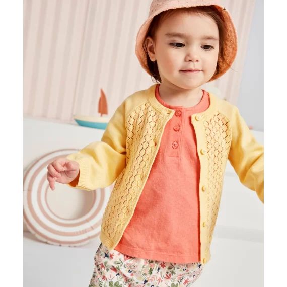 Cardigan bébé fille jaune en coton ajouré –  – Soldes