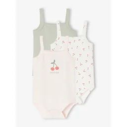 Lot de 3 bodies cerises bébé fines bretelles en coton biologique rose pâle