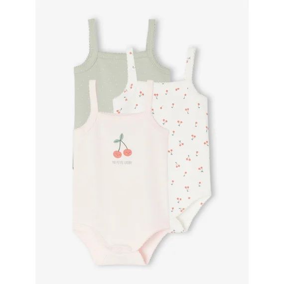 Lot de 3 bodies cerises bébé fines bretelles en coton biologique rose pâle